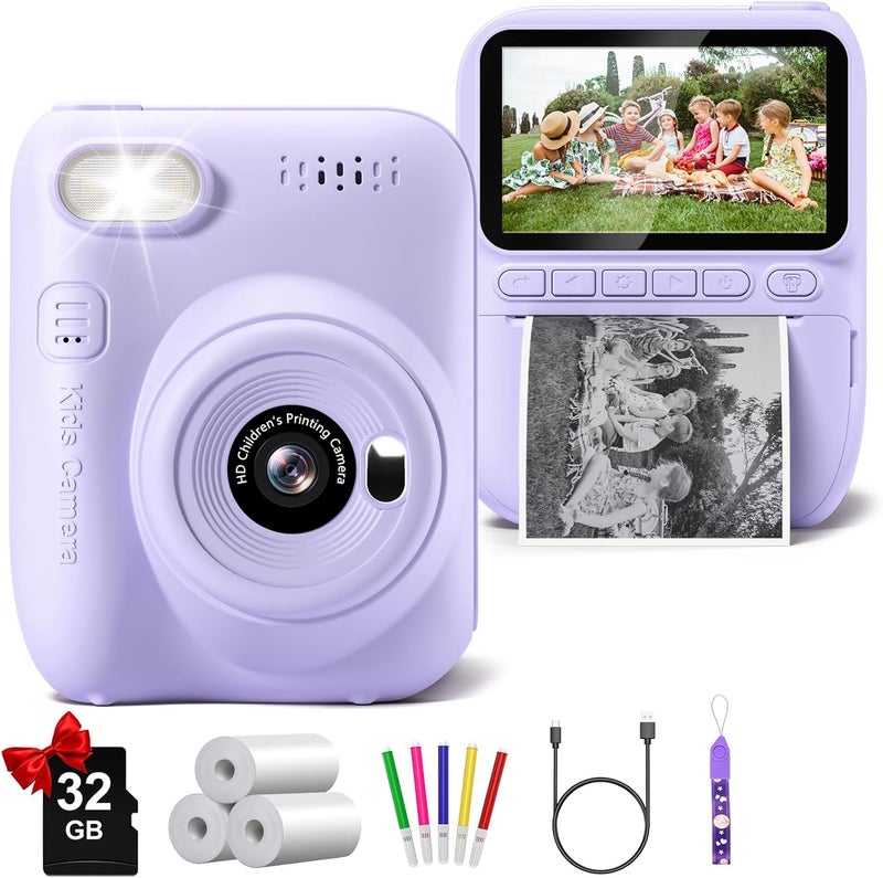 Gofunly Kids Camera Instant Print, 3.0" HD 32MP Kids Camera Christmas Birthday Gifts for 3 4 5 6 7 8 9 10 11 12 Year Old Girls Boys, 32GB SD Card-Purple - Image 1